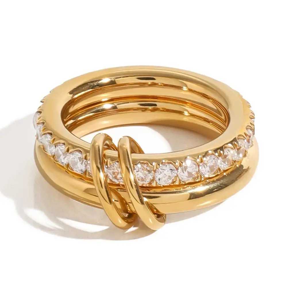 Youthway Minimalism Glossy Stainless Steel White Cubic Zirconia Inlaid Double Layer Ring Waterproof Jewelry Gift X250220