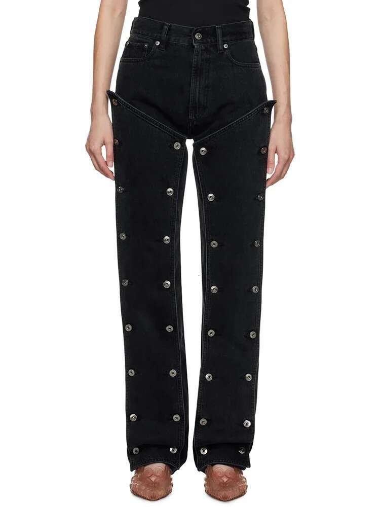 Patchwork Button Denim Loose Pants For Women High Waist Streetwear Straight Jeans Female Fashion Clothing 2025New