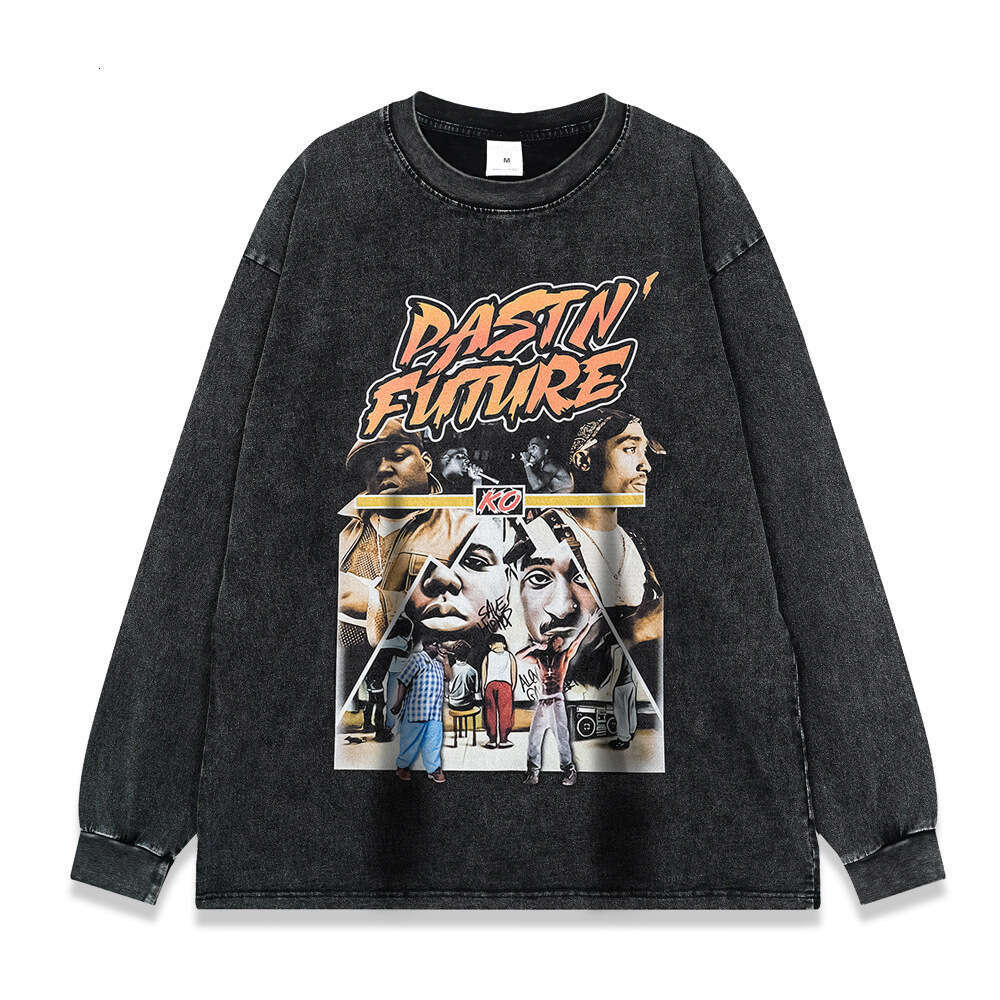 Rap series hip-hop print 260g washed and distressed long sleeved T-shirt for men tee American fashion label