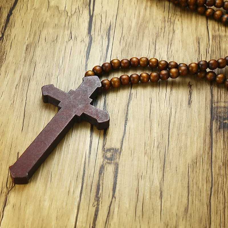 Vnox 36 Long Rosary Necklace Large Wood Jesus Christ Cross Pendant With Wooden Beads Sweater Chain Male Collier Statement JewelXJ250219