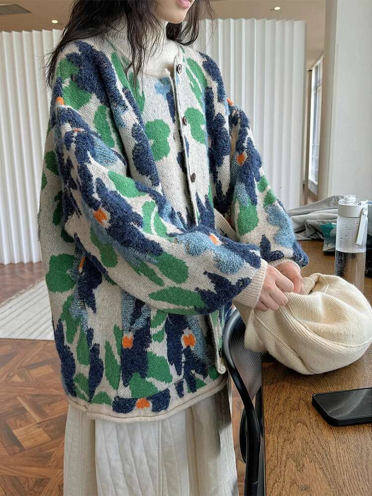 Elegant Wer Print Wool Knit Coat For Women Round Neck Single Breasted Warm Cardigan Sweater Winter New 26C1240