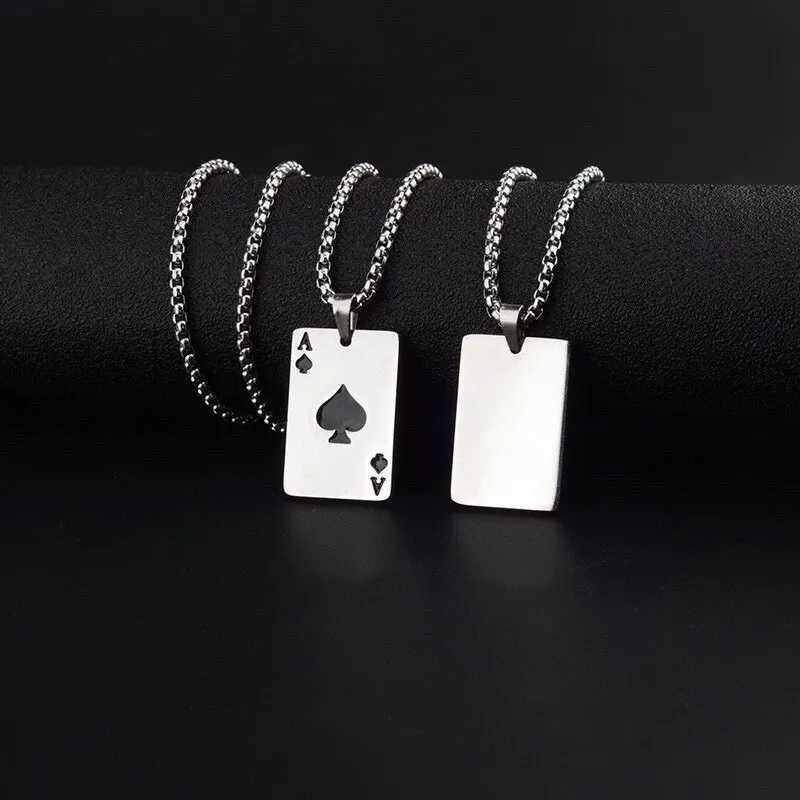 2Piece Set Hip Hop Statement Stainl Steel Card Ace of Spades Necklace For Women Men Pendant Chain Playing Cards JewelryXJ250219