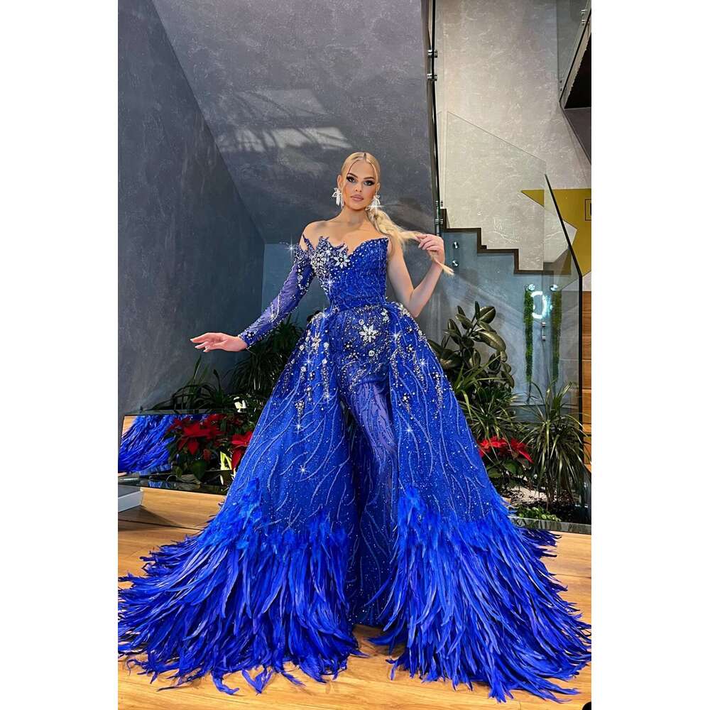 Royal feathers blue mermaid evening lace sequins one shoulder crystal bespoke prom with overskirt party dresses
