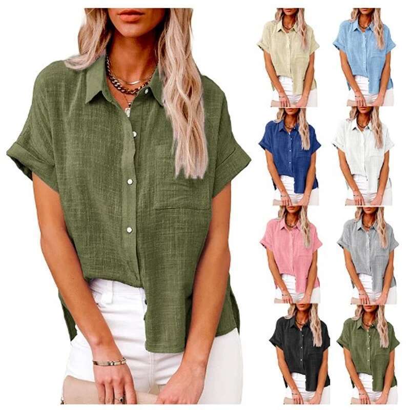 Women Pure Color En Shirt Short Sleeve Casual Loose Fit Blouse Fresh Sweet Style Polyester Fabric Available In Multiple Sizes