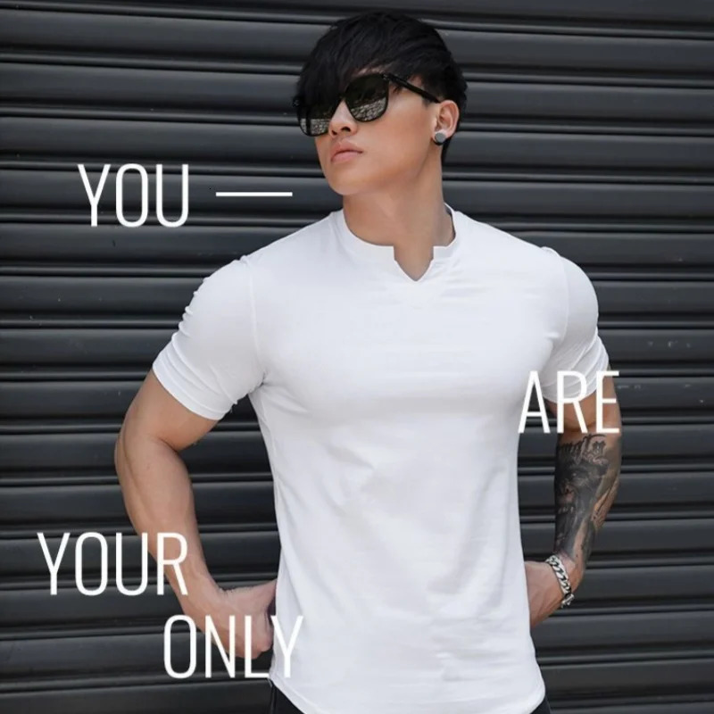 Men Summer Slim Fit Fashion T Shirt Fitness Motion Hip Hop Streetwear Running And V Neck trend Breathable Top 250218