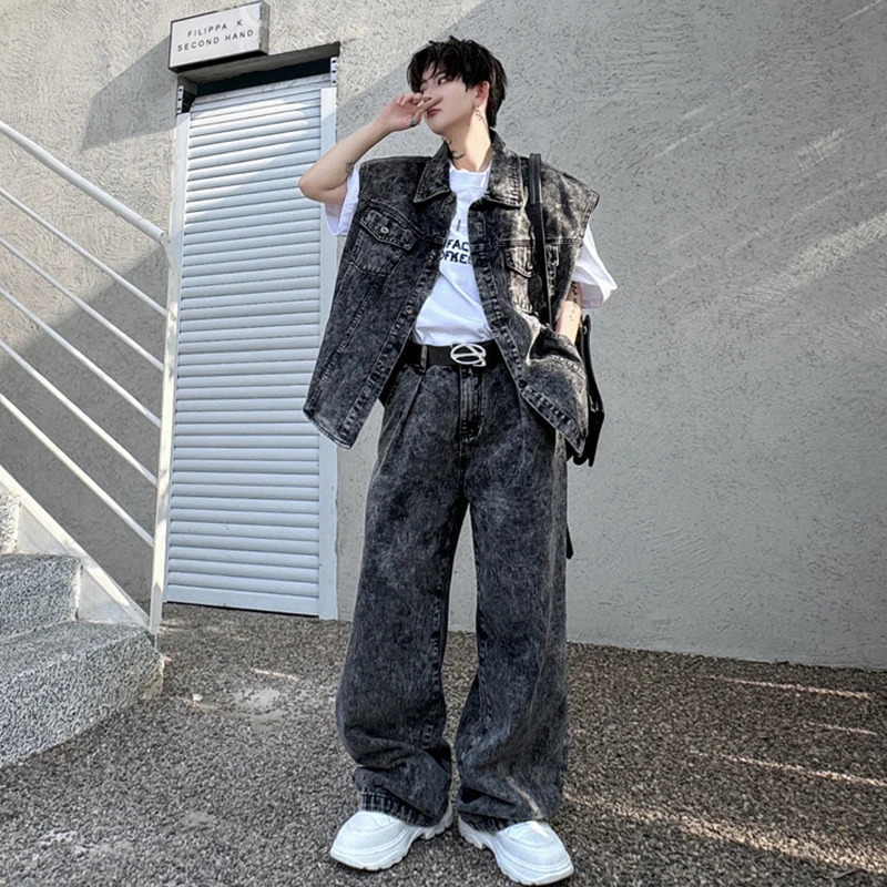 PFNW Two-piece Men Suit Washed Snowflake Pattern Round Hem Denim Vest High Street Jeans Male Set Spring Stylish 28W3286 250220