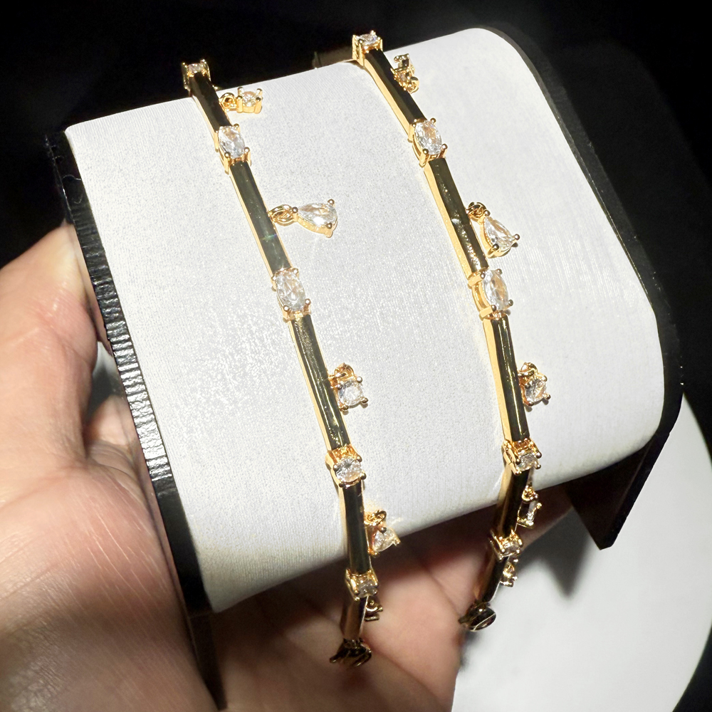 Latest Style Gold Color Geometric White CZ Drop Charm Bracelet Bar Bamboo Link Chain for Women Trendy Fashion Jewelry Gift