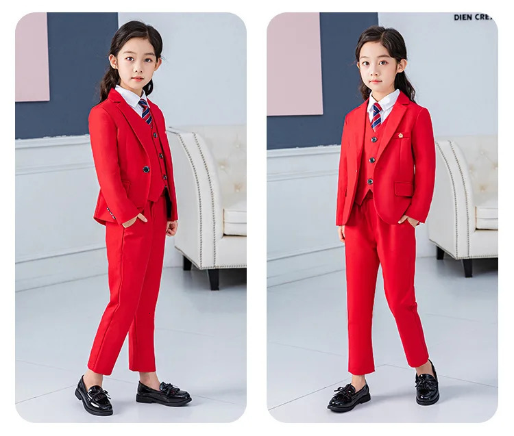 Girls Red Formal Suit Set Childrens Princess Wedding Show Host Costume Kids Blazer Vest Shirts Pants Tie Clothing Sets 250219