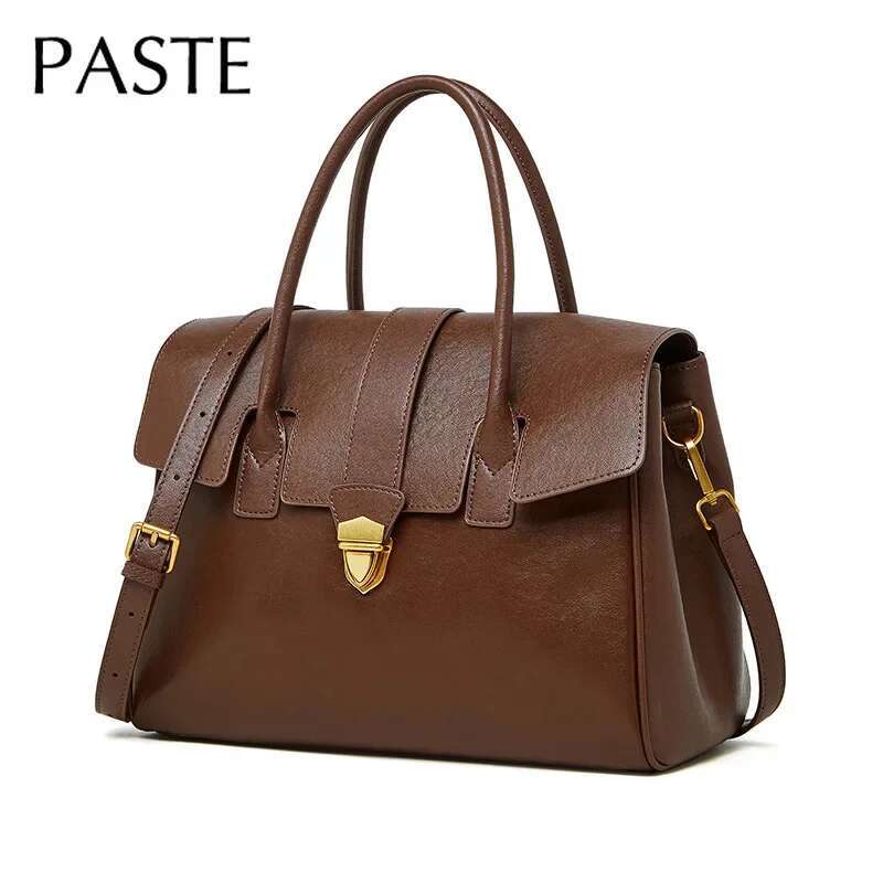 Hot Sale Vintage Vegetable Tanned Cowhide Leather Handbag Business Travel Cover Tote Women Briefcase Large Shoulder Bag