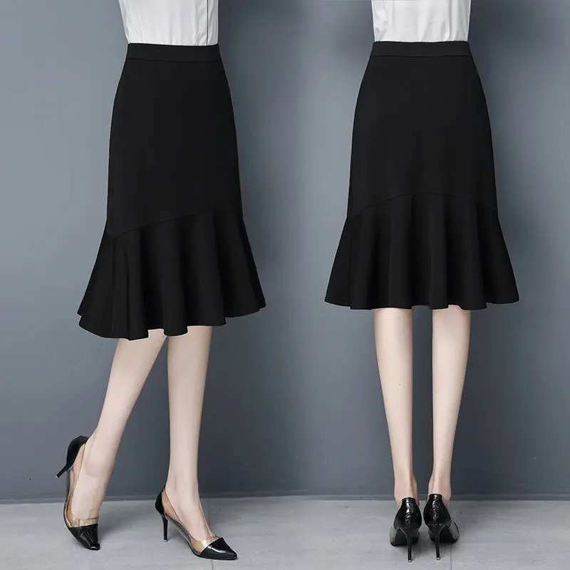 Summer High Waist Loose Hip Skirt Solid Color Allmatch Ruffle Fishtail Elegant Fashion Women Clothing 250220