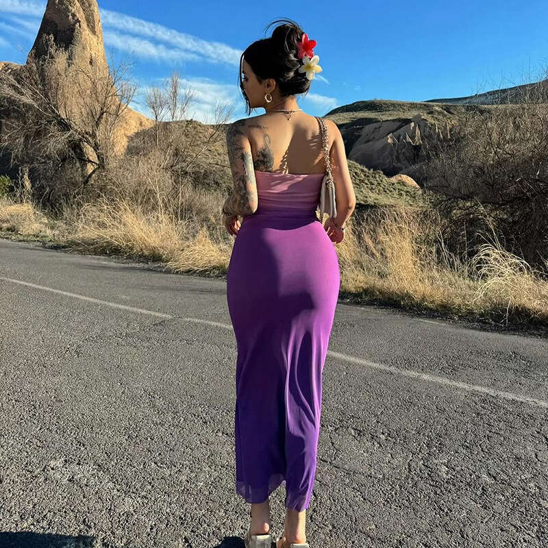 Wholesale of women's clothing, European American summer slim fit, sexy strapless, gradient color, medium to long one-step skirt, factory straight