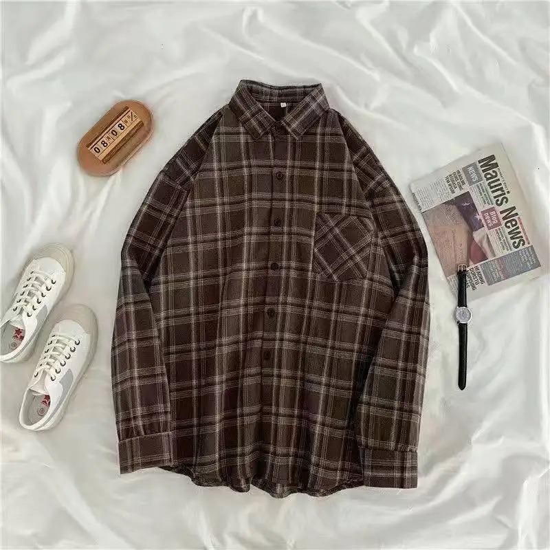 Vintage Plaid Shirts Women Autumn Long Sleeve Oversize Button Up Shirt Korean Fashion Casual Fall Outwear Tops Blusas Mujer 250219