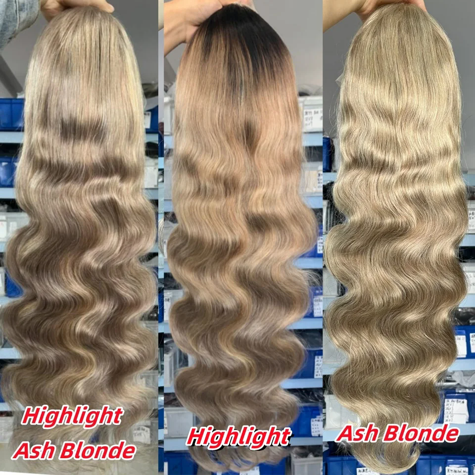 HD Ash Blonde Highlight Lace Front Wigs Human Hair heavy density Body Wave Lace Frontal Wigs Pre Plucked For Women 180%