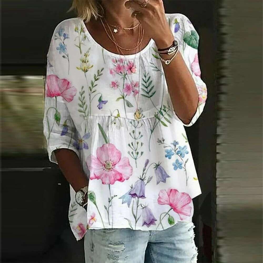 Fashion Loose Elegant Round-Neck Printed Casual Woman Shirt Holiday Weekend Top