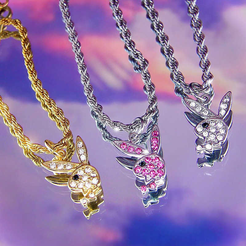 Pendant Necklaces Hip hop Street neutral hippop rock stainless steel twist chain full diamond rabbit head Rabbit Necklace H25219