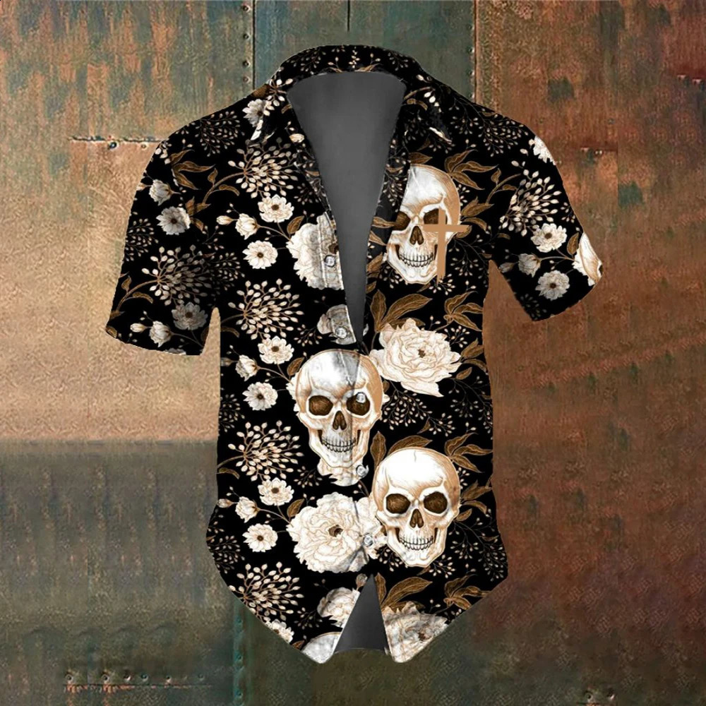 Summer Retro Flower Skull Pattern Mens Short Sleeved Shirt Fashion Street Trend Horror Party Men Oversized TShirt 250220