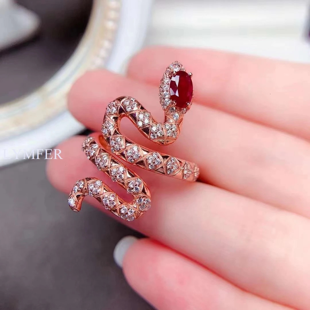 Snake ring natural ruby 925 Sterling Silver beautiful lady personality animal 250220