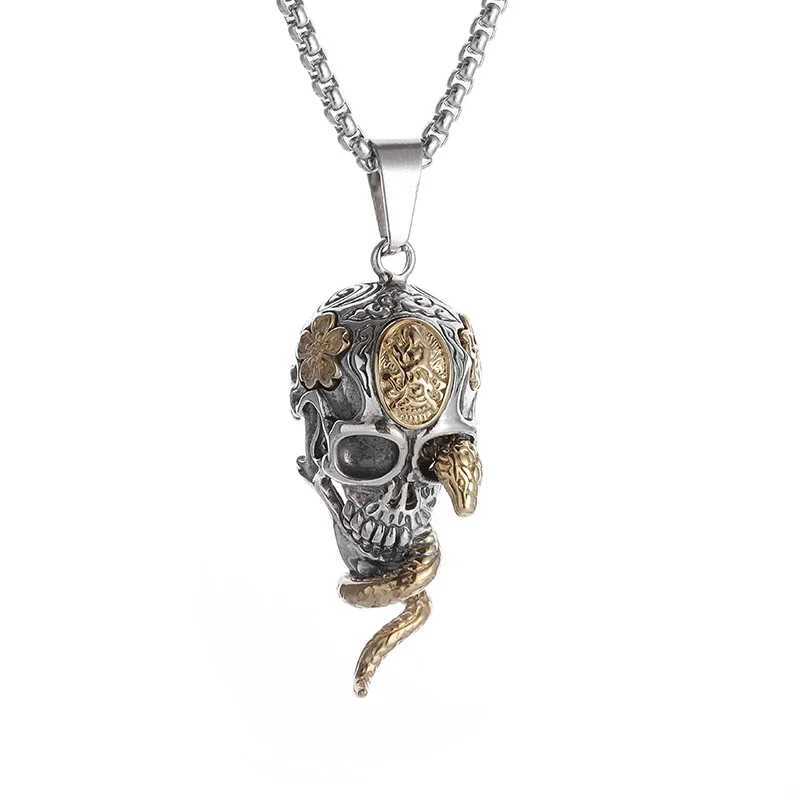 Vintage Gothic Snake Coiled Demon Skull Pendant Necklace for Men Boys Rock Party Halloween Jewelry GiftXJ250219