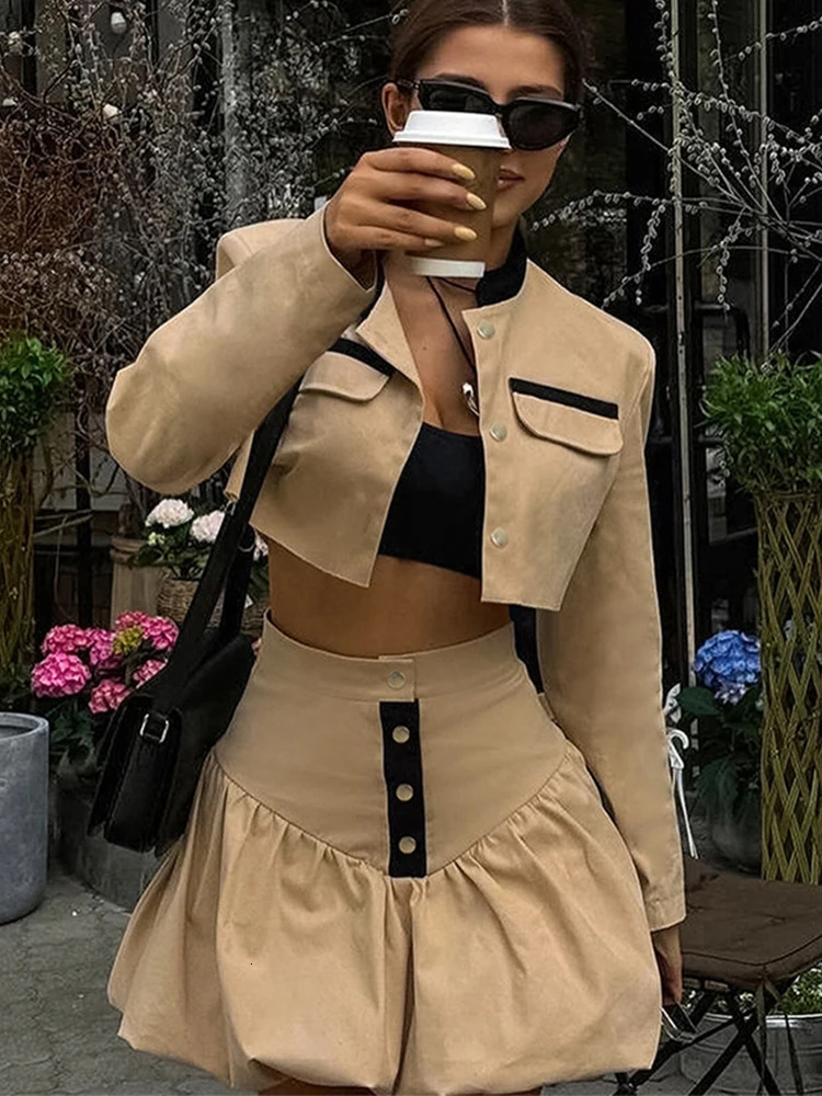 Elegant jacket set for women sexy button up long sleeved jacket pleated high waisted womens skiing suit autumn womens clothing 250220