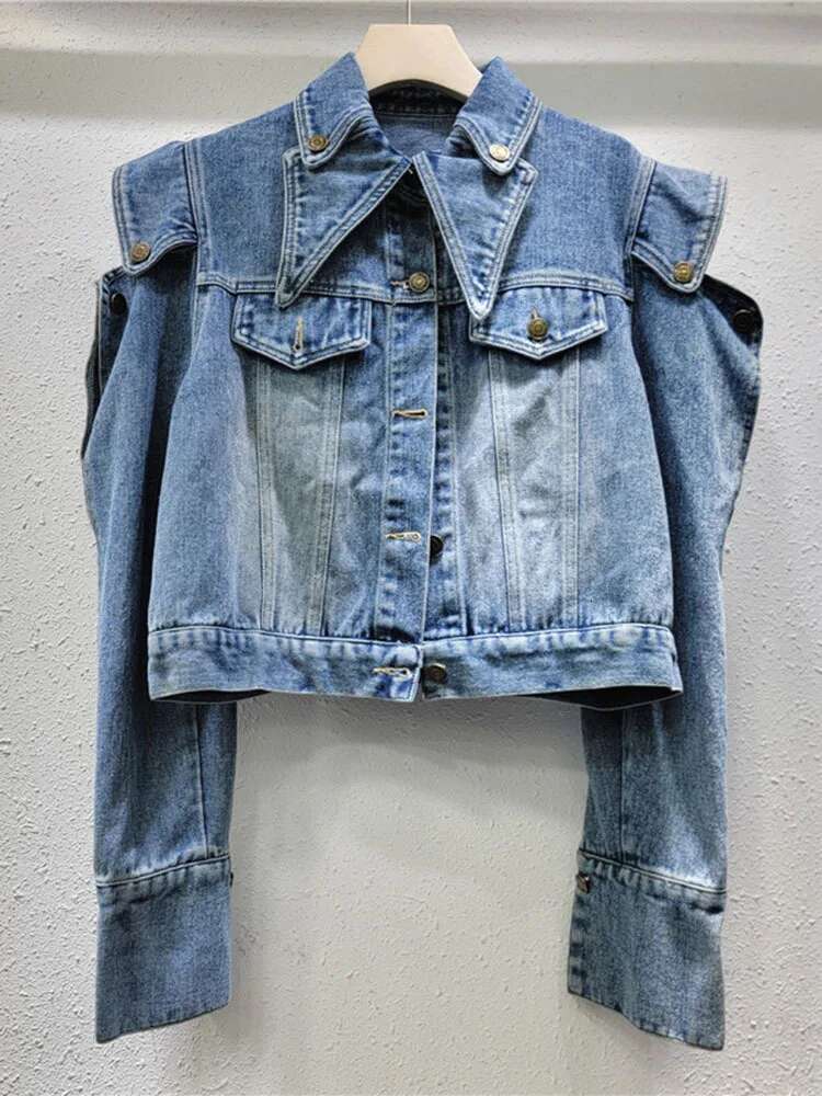 DEAT New Trendy Women's Ruffled Edge Off-Shoulder Design Denim Coat 2024 Autumn Fashion Lapel Long Sleeve Jacket Female 33A1708