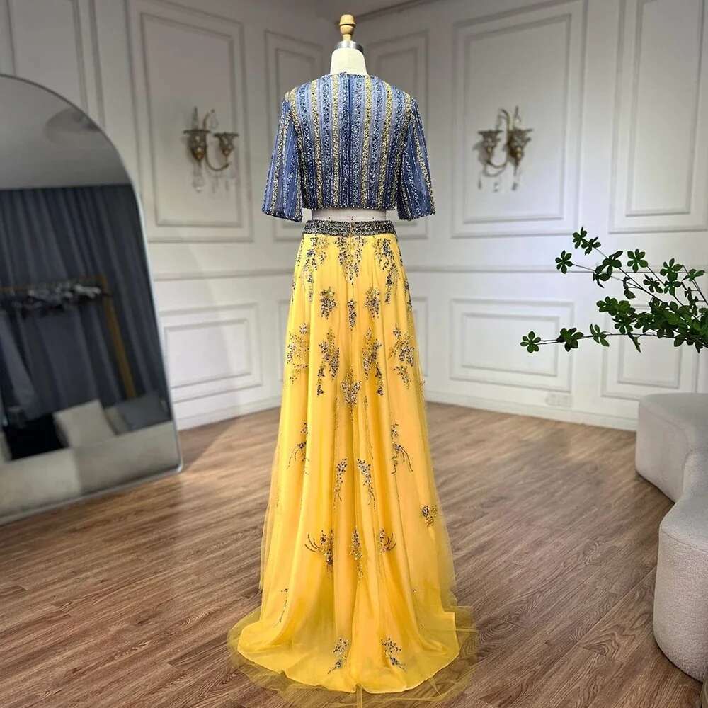 Blue Dubai And Yellow Piece Evening Gown Elegant Long Formal Prom Party Dress Customize BLA