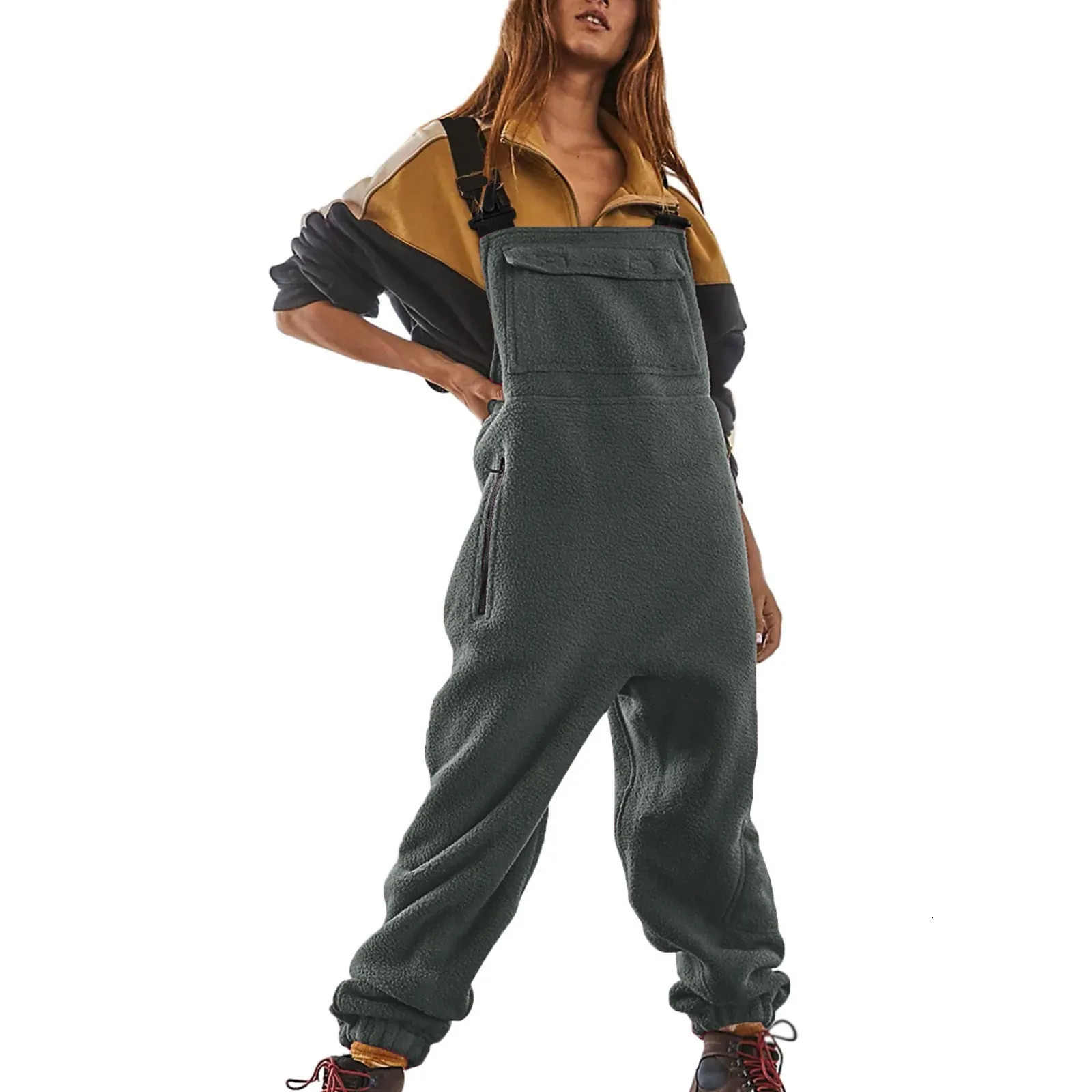 Womens Oversized Jumpsuit Womens Solid Color Fashionable Jumpsuit With Pockets Autumn And Winter Plus Plush Thick Jumpsuit 250220