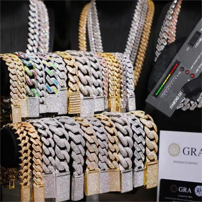 Pure sier necklace Vvs Moissanite 14mm chilled out Cuban chain hip-hop accessory