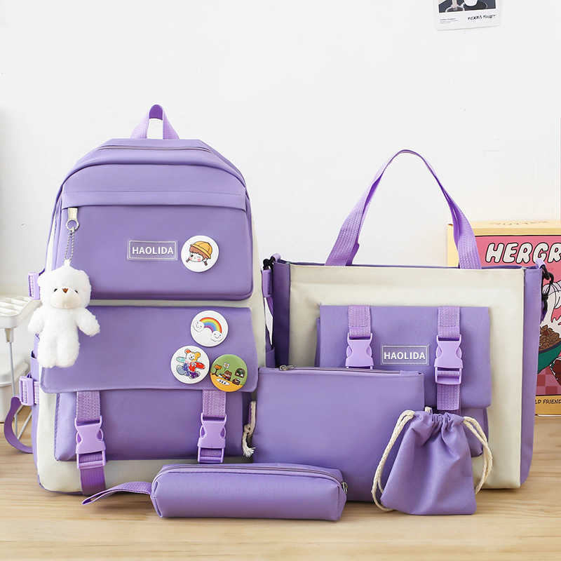 Five Piece Backpack Large Capacity Backpack Printed Korean Version Harajuku Style Set Student Backpack Day Backpack Travel Bag 29x41x13cm 241225