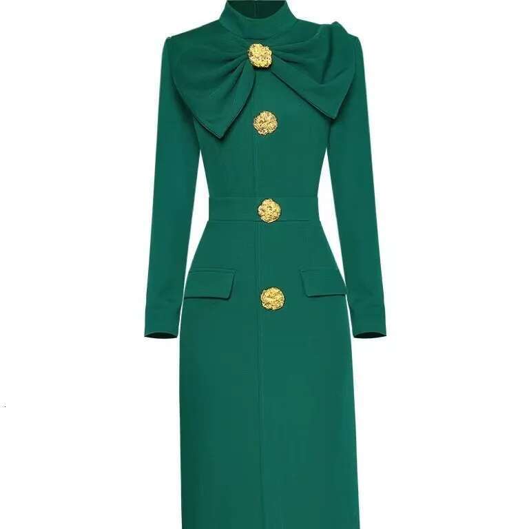 JAMERARY Spring Summer Dress For Women Fashion Golden Button Pearl Vintage Black Bow Long Sleeve Midi Woolen Dresses