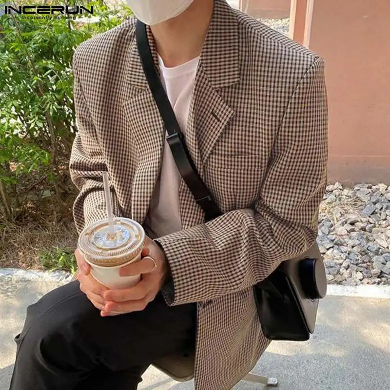 INCERUN Mens Plaid Blazer Lapel Long Sleeve Button Casual Suits Mens Spring Streetwear Elegant Fashion Leisure Coats S-5XL 250220