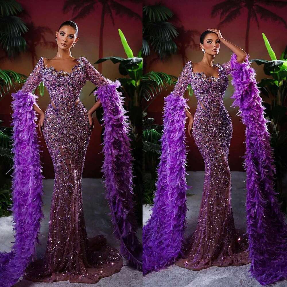 Mermaid Night Dress Formal Dresses For Occasion Square Feathers Bright Appliques prom Custom Ball Gown