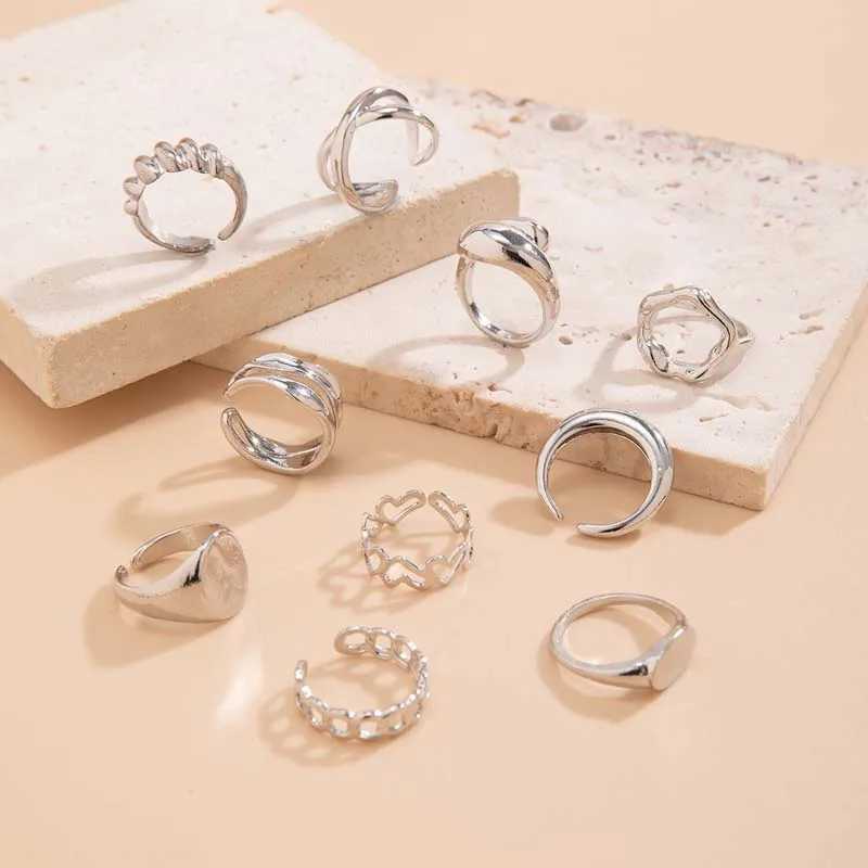 10Pcs/Set Trendy Gold Color Geetric Cuff Rings Set for Wen Fashion Metal Geetric Adjustable Finger Ring Jewelry 2024 New X250220