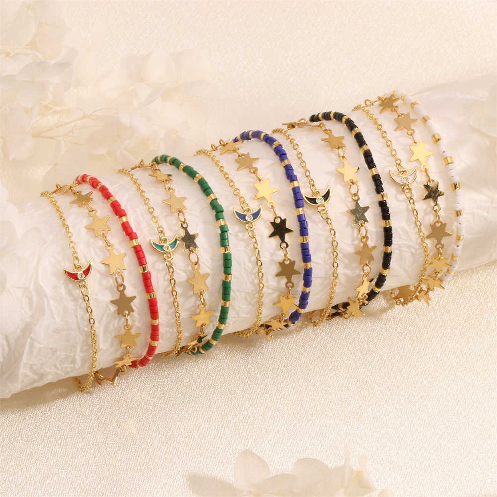 Charm Bracelets Colorful Rice Beads Dripping Oil Star Moon Multi layer Bracelet Bohemian Vacation Style Niche Design Handmade Jewelry H25220