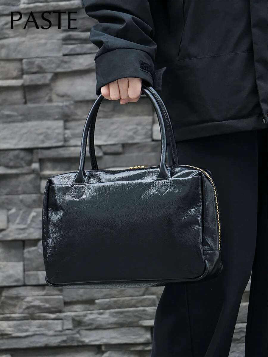 French Retro Boston Tote Wine Red Color Glossy Oil Wax Cow Leather Women Handbag Office Workplace Female Shoulder Bag