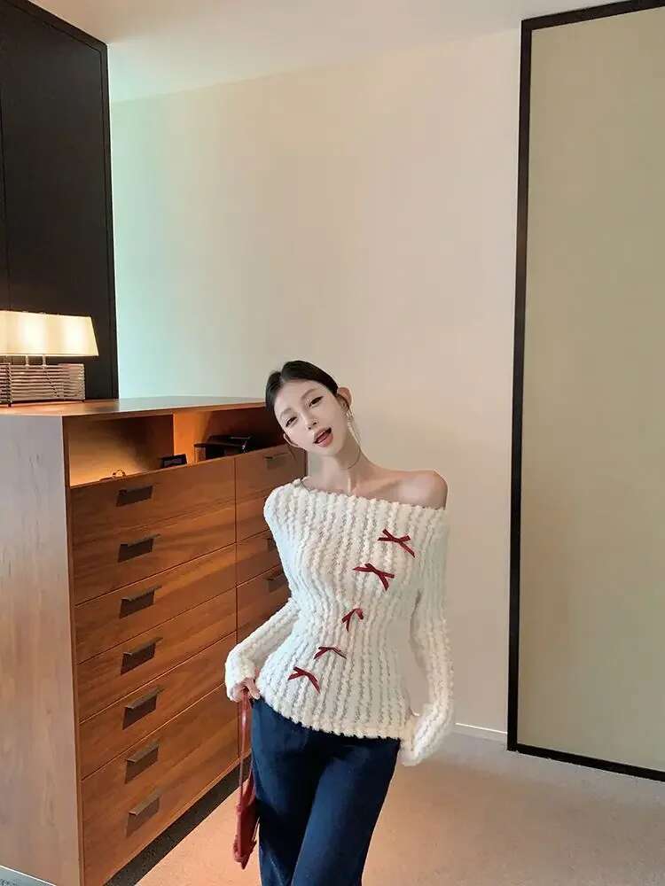 Deeptown Sweet Bow Knitted Pullover Women Off Shoulder Sexy Long Sleeve Sweaters Korean Style Kawaii Autumn Winter Pullovers