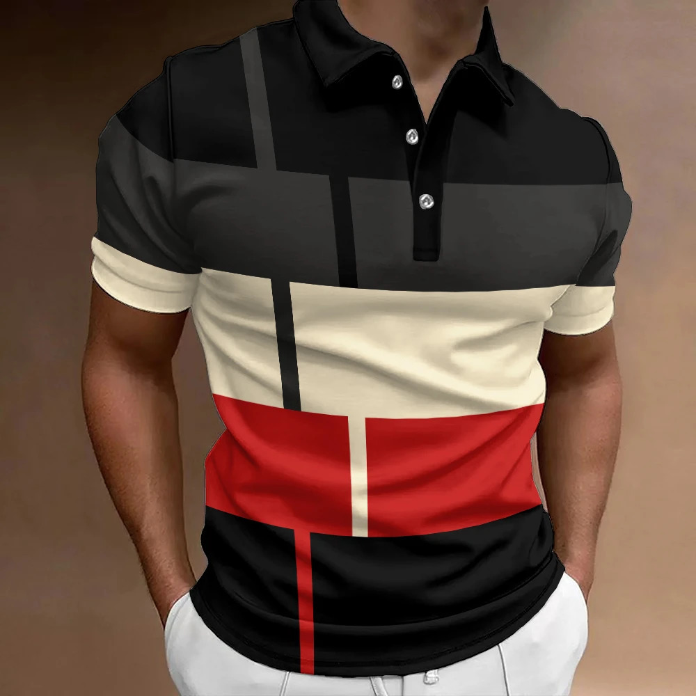 Summer mens 3D striped polo shirt oversized short sleeved breathable clothing casual sports street 250213
