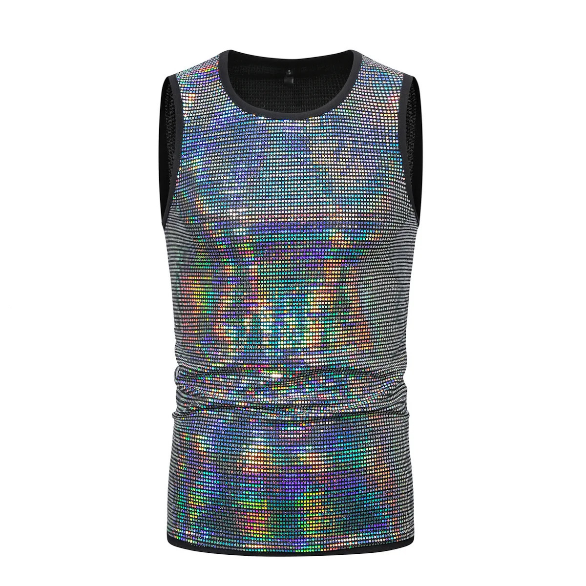 #4123 Sequined Tank Top Men Round Neck Gold Red Silver Hip Hop Tank Top Man Streetwear Shinny Sleeveless Mens T Shirt Summer 250219