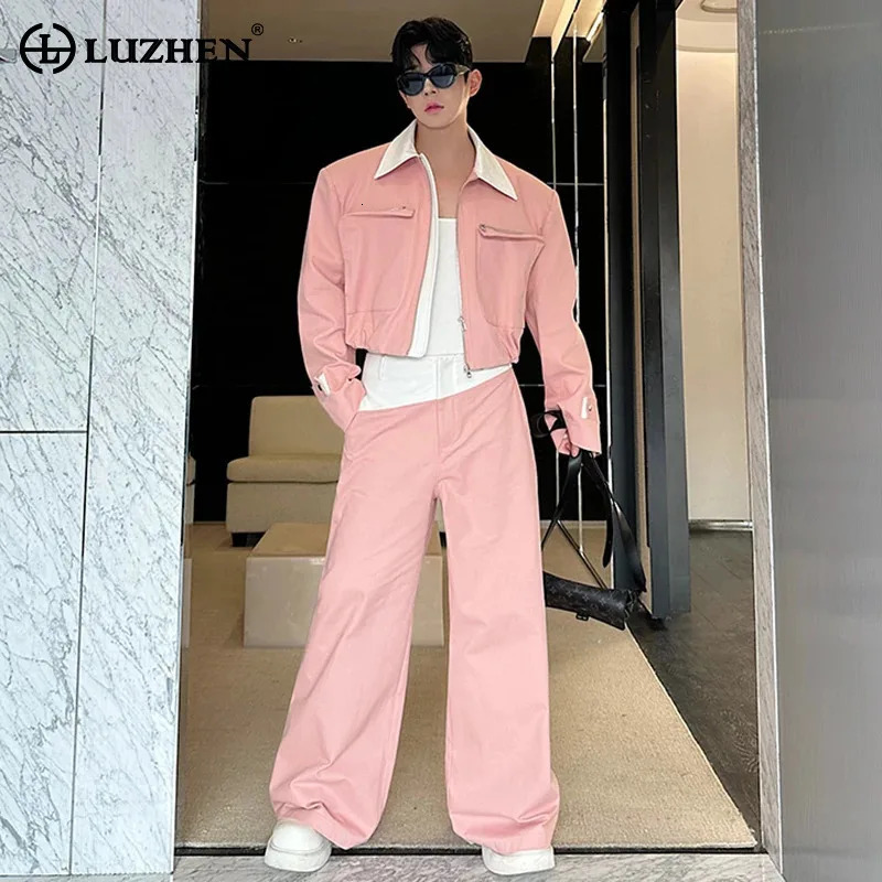 LUZHEN Original Color Contrast Neck Elegant Coat Straight Casual Pants Mens Spring Fashion Two-piece Sets LZ8407 250220