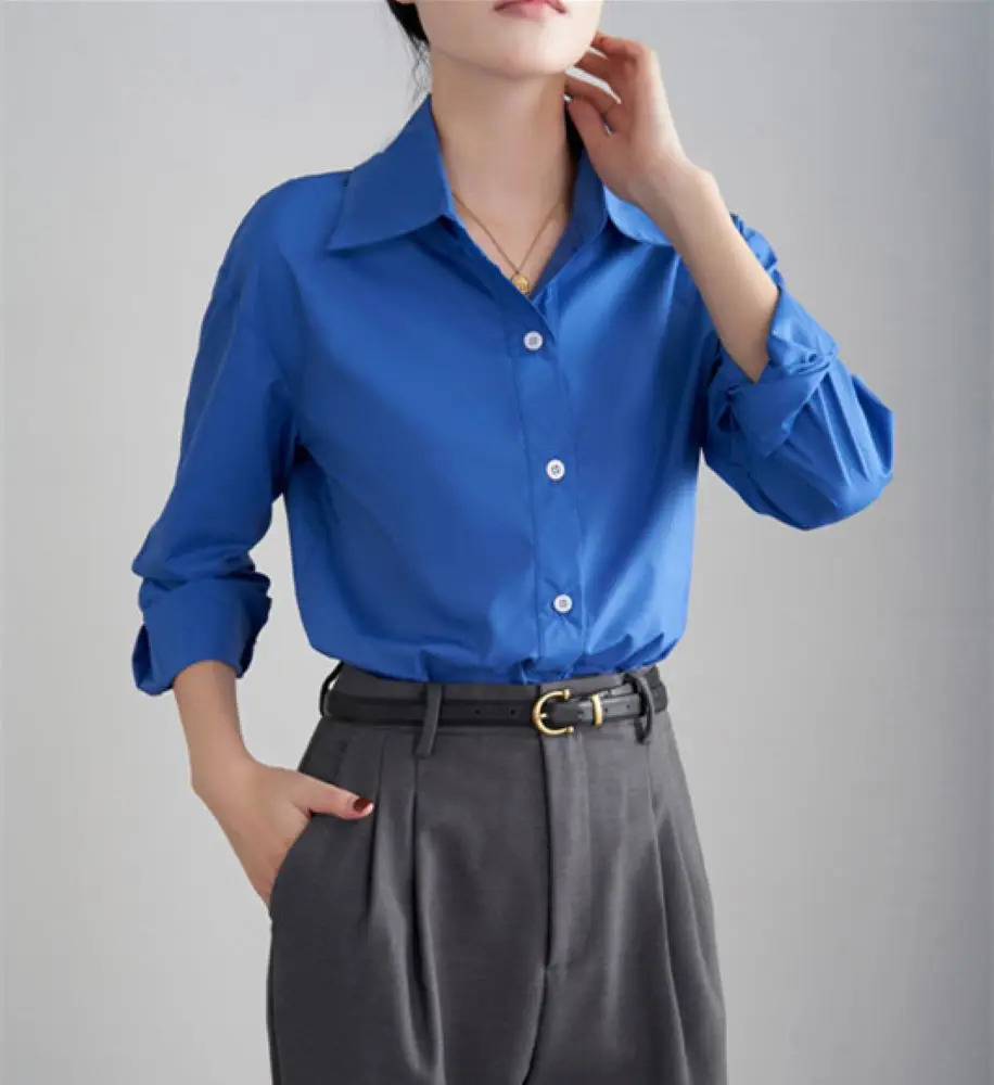 Womens Blue Shirt Spring And Autumn Long Sleeve Solid Color Casual Outdoor Top Korean Style Blouses For Ladies Fashion Shirts 250219