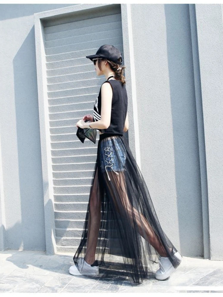 2024 Summer Long Lace Skirt Women Black White Mesh Voile Casual Skirts Low Waist Bohemian Sexy Transparent Maxi Wear 250220