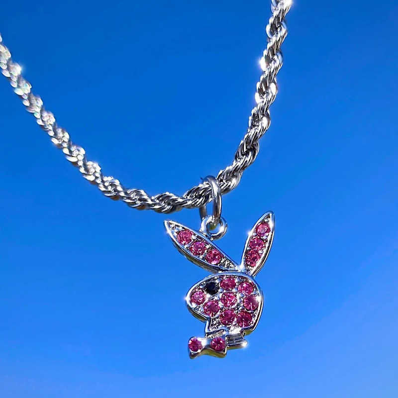 Pendant Necklaces Hip hop Street neutral hippop rock stainless steel twist chain full diamond rabbit head Rabbit Necklace H25219