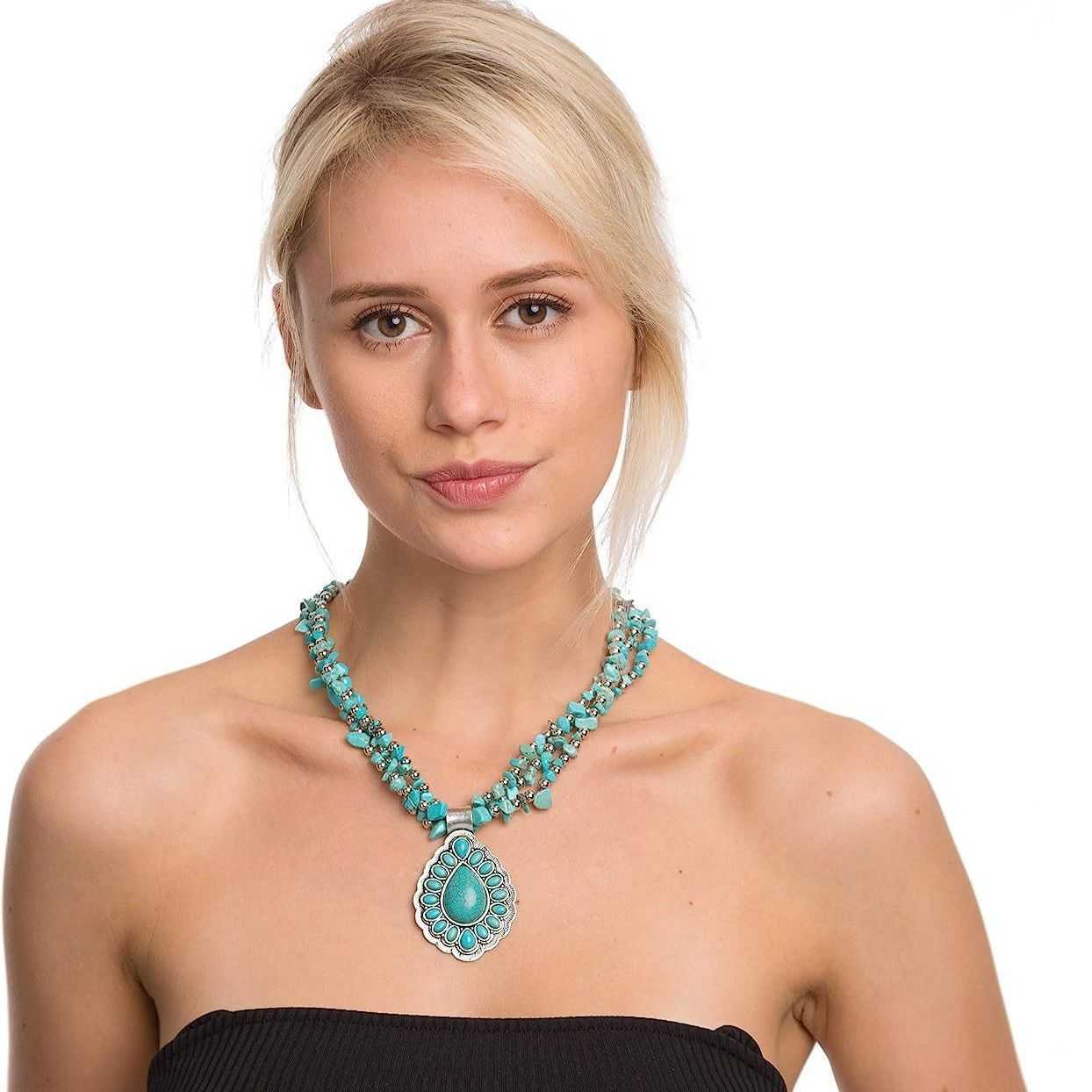 Pendant Necklaces Bohemian style turquoise necklace bead jewelry natural gravel necklace H25219