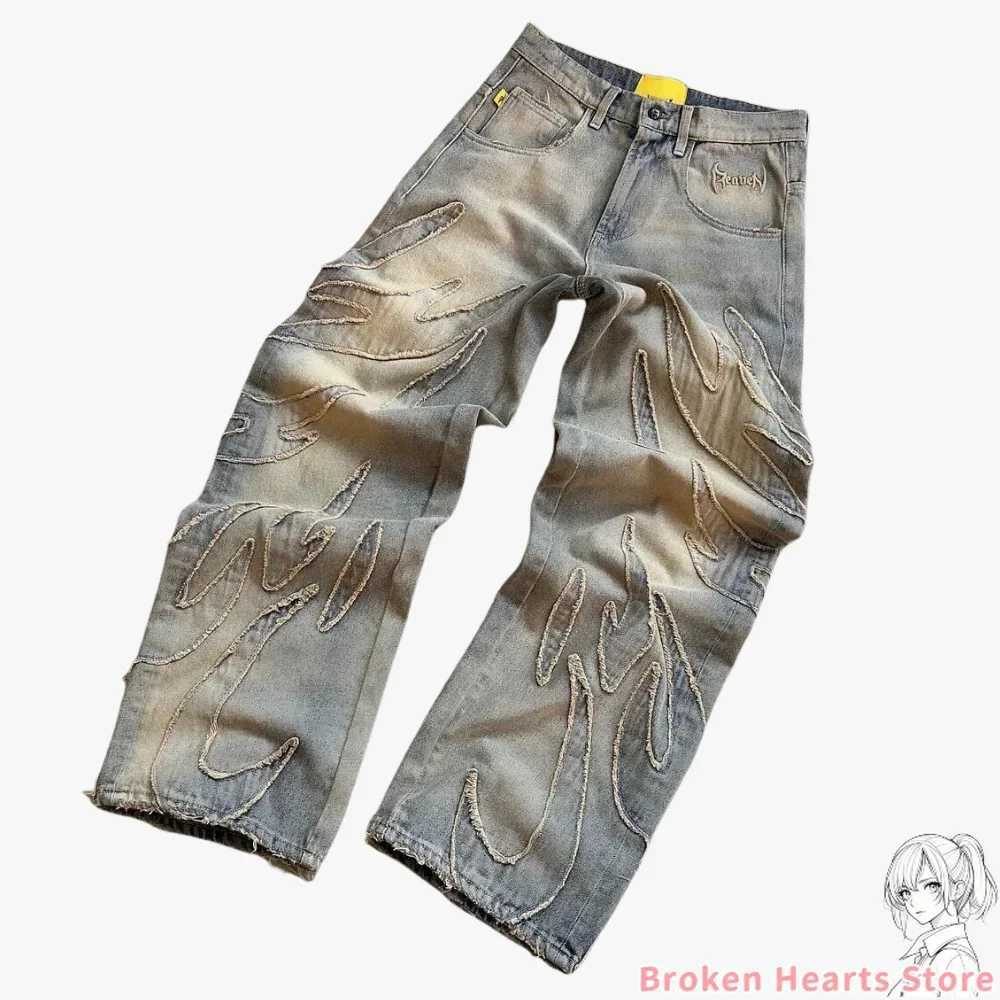 Heavy Primal Etch Ripped Washed Denim Jeans Mens Y2k Pants Streetwear Patchwork Baggy Sweatpants Straight Wide Leg Trousers X250220
