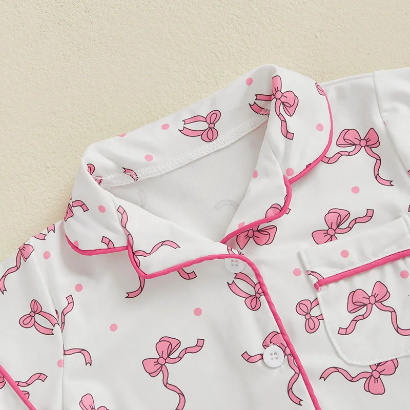 Toddler Kids Baby Girls Summer Pajamas Sets Dot Bow Print Button Down V Neck Short Sleeve Tops Shorts Loungewear Outfits 250219