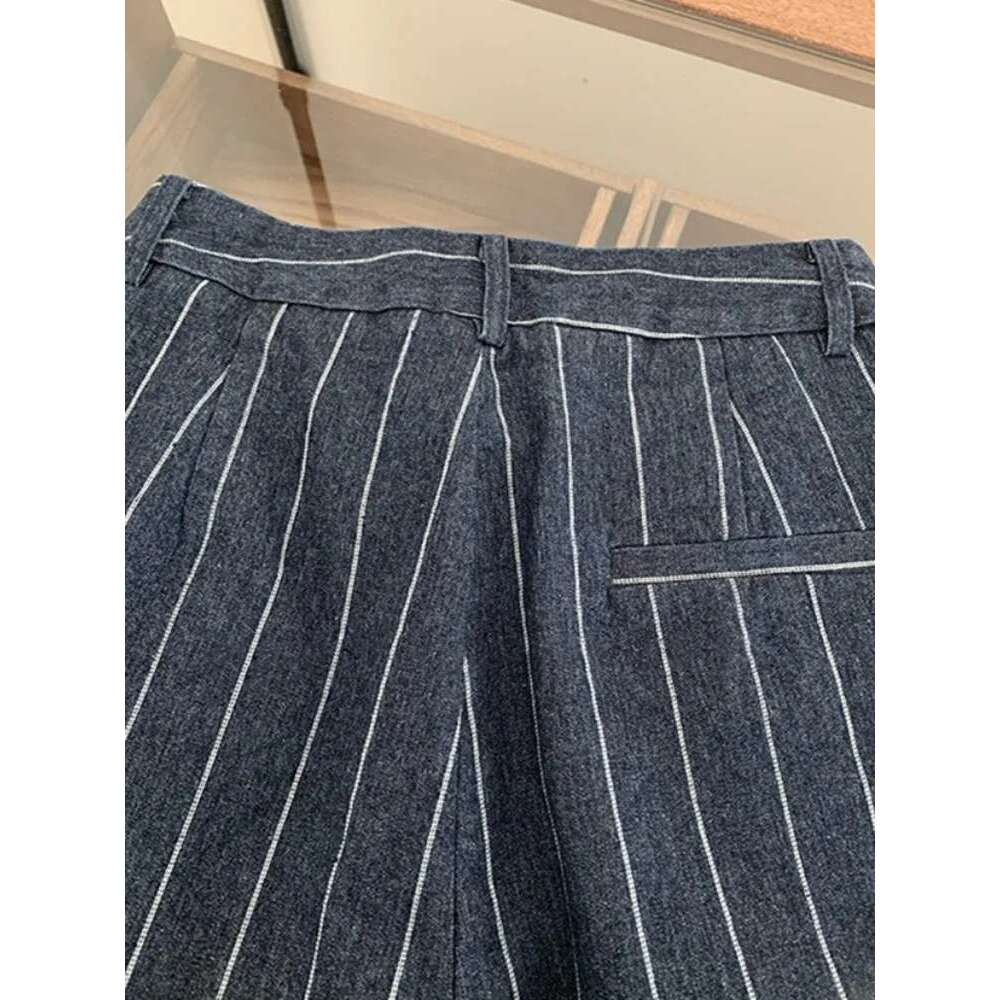 2025 Simple Classic High Waist Striped Blue Denim Wide Leg Pants Women Casual Versatile Jeans