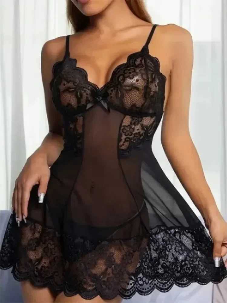 Women Porn Suit Sexy Lingerie Babydoll Backless See Through Lace Dress with Panties Set Exotic Sleepwear Underwear Chemises W250220