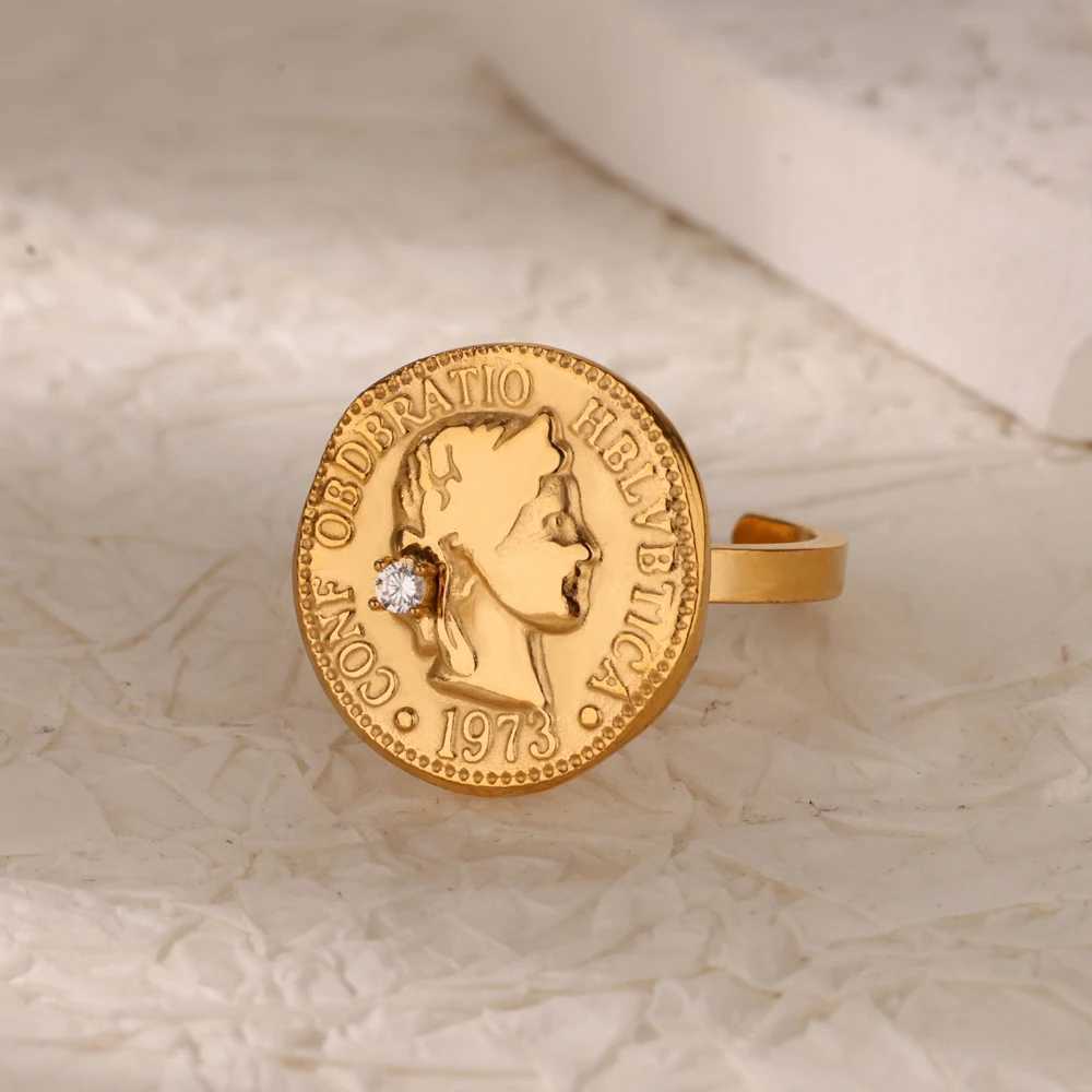 Vintage Greek goddess Arethusa coin ring imitation pearl zircon moon stainless steel ring fashion jewelry X250220