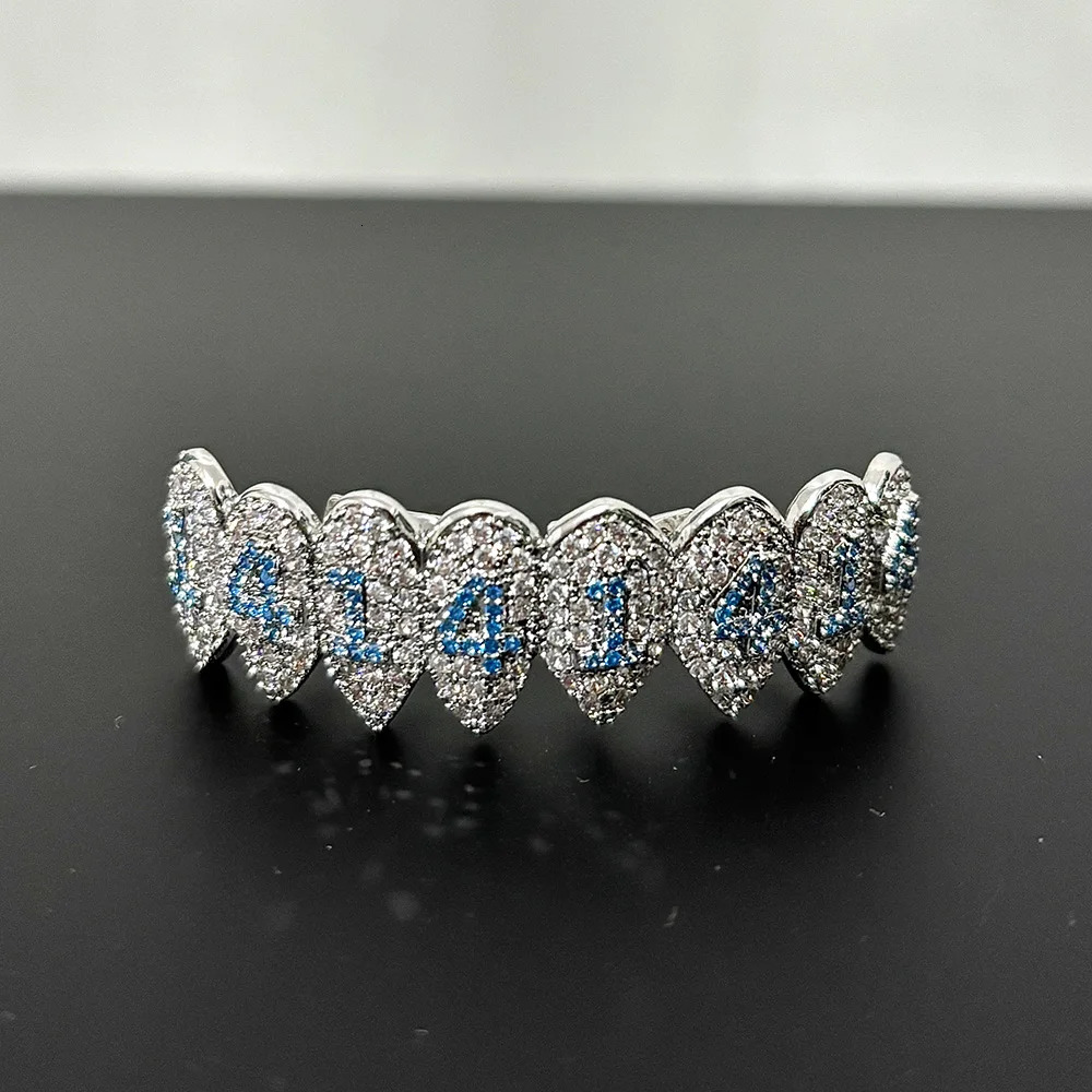 RACHELZ Hip Hop Blue Number 14 CZ Stone Teeth Grills Braces Full Shiny Zircon Tooth Caps For Women Men Jewelry Top Bottom Fangs 250219