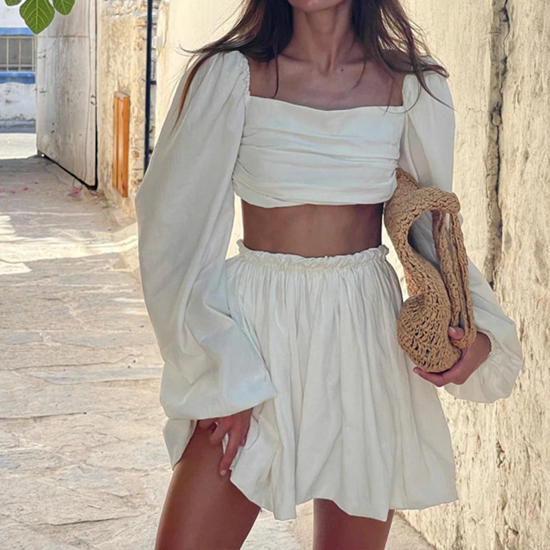 Summer Elastic High Waist Mini Skirt Suit Ladies Sexy Ruffle Slim Beach Outfits All Match Lantern Sleeve Holiday Set 2Pcs 250220