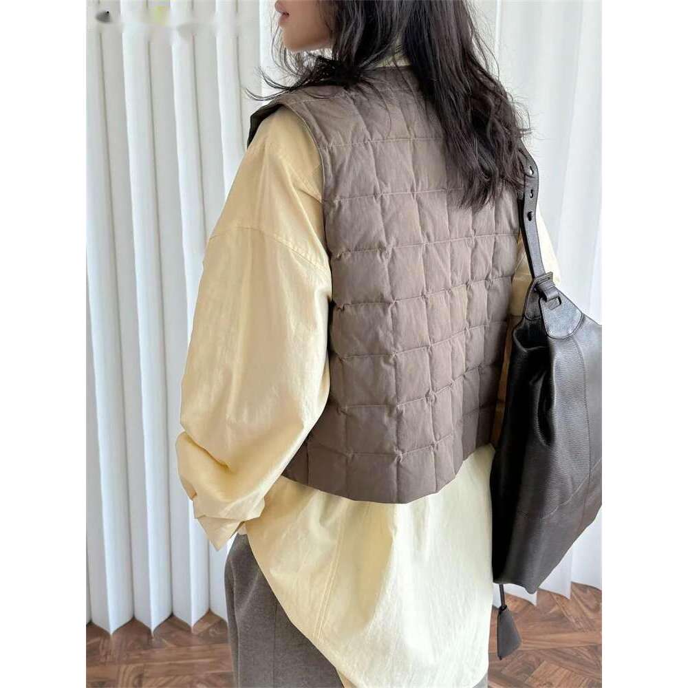 Hanorange 2025 Spring Art Designer Waffle Down Vest Women Casual Single Breasted Short Sleeveless Jacket White/Brown